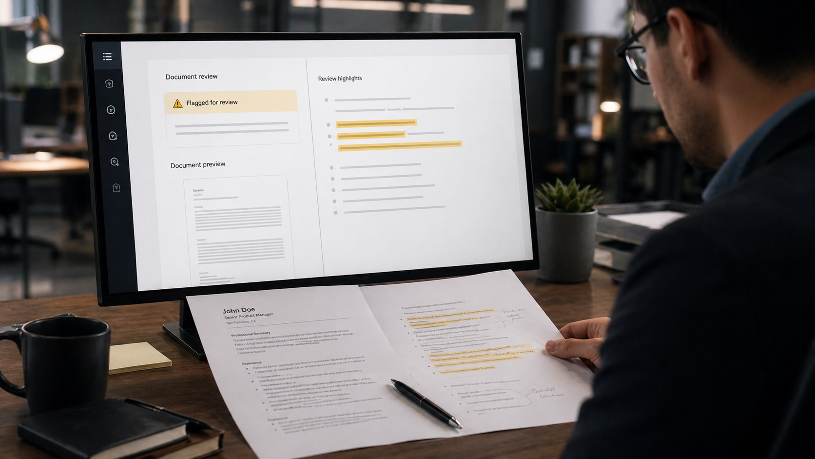 Menschlicher Reviewer prüft ein markiertes Dokument neben einem Monitor mit Flagged-for-review-Status in einem AI-Dokumentenworkflow.