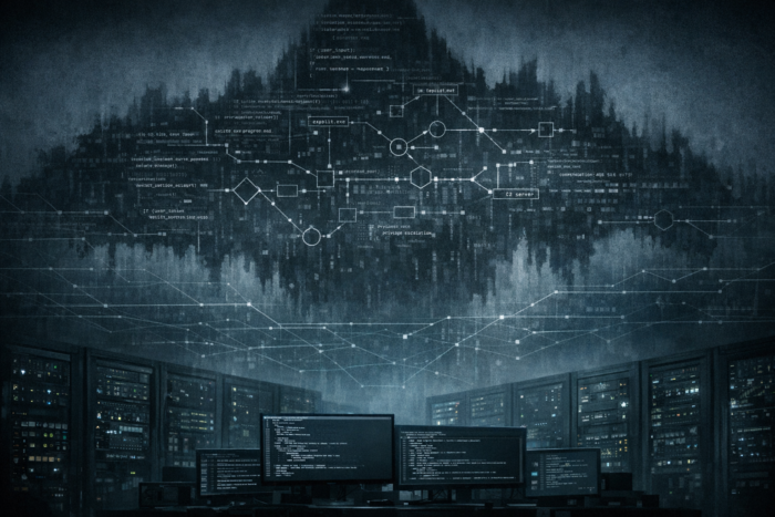 Abstrakte Schattenform aus Code und Netzwerkstrukturen über einem modernen Rechenzentrum, als Bild für KI-Cybersecurity-Hype und technische Realität.