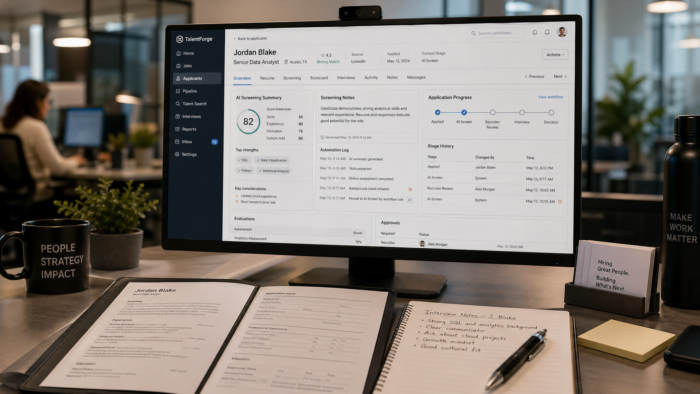 Bewerbungsunterlagen auf einem HR-Schreibtisch vor einem KI-gestützten Recruiting-Dashboard in einem modernen Büro.