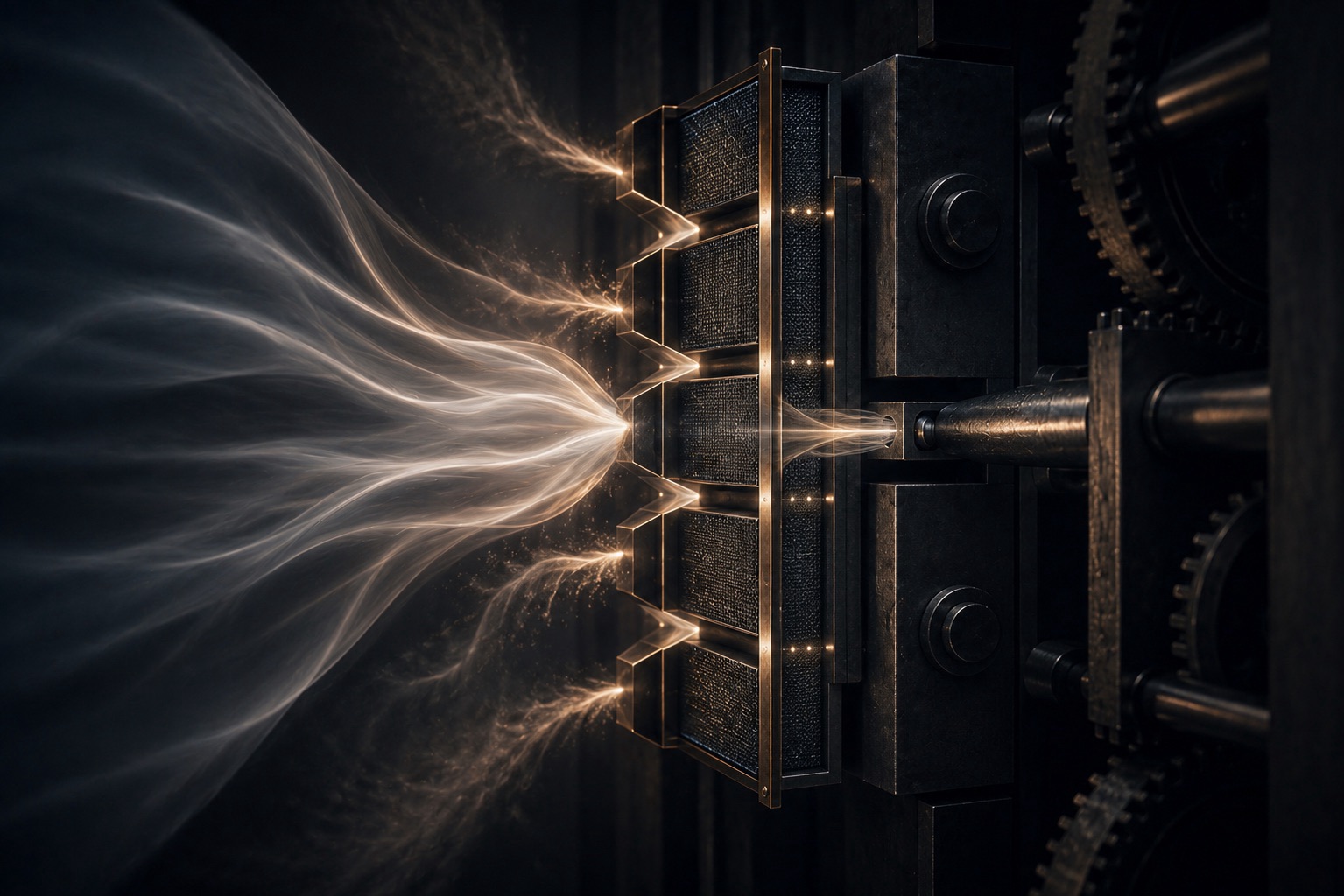 Dunkle industrielle Mechanik filtert einen hellen Strom; nur ein kontrollierter Teil gelangt weiter.