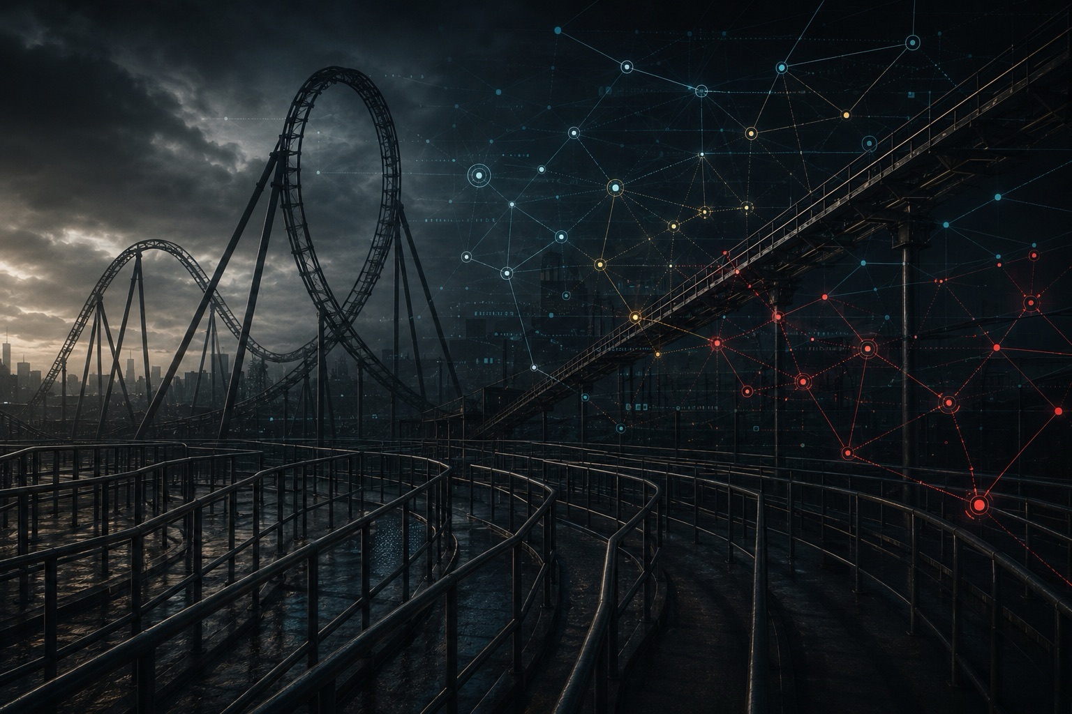 Dunkle Achterbahn-Warteschlange mit Netzwerkgraph-Overlay als Metapher für einen KI-Agenten, der ein offensives CTF-Lab mit Pivoting, proxychains und Methodikprüfung bearbeitet.