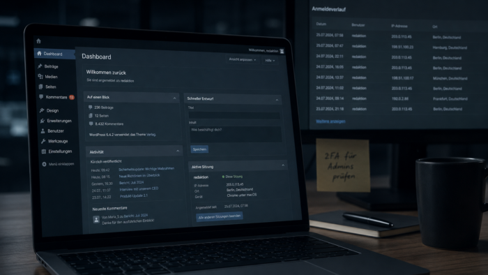 Ins WordPress-Admin eingeloggte Sitzung mit Anmeldeverlauf im Hintergrund