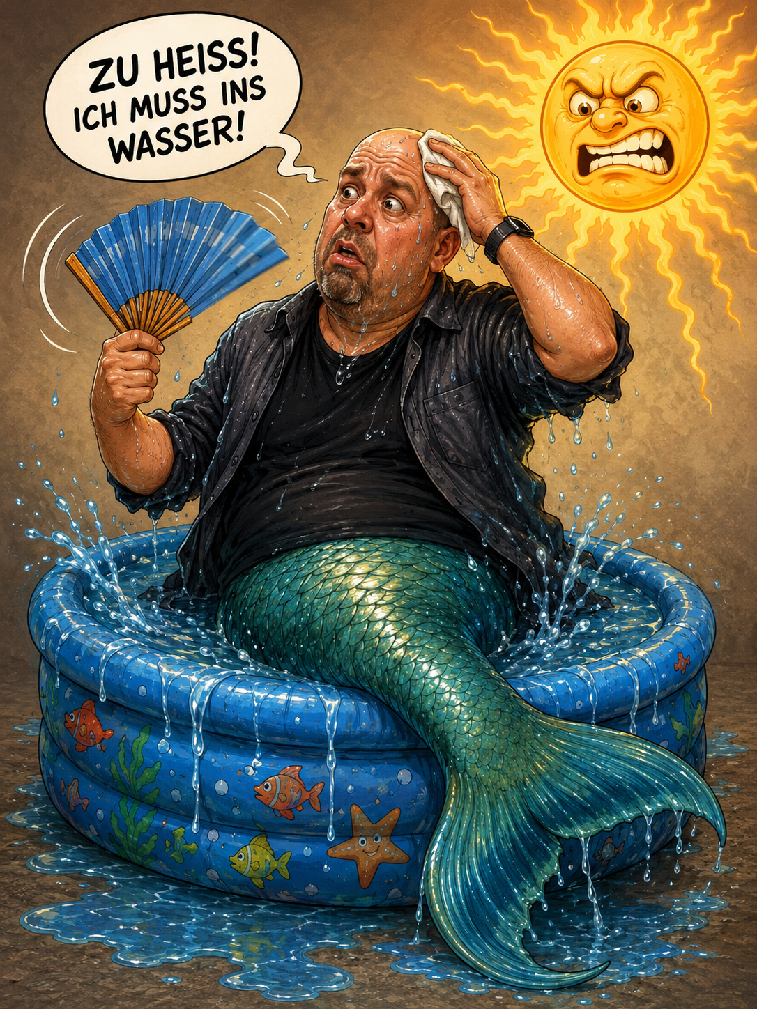 Illustration einer stark schwitzenden Person mit Fischschwanz in einem Planschbecken unter einer aggressiven Sonne.