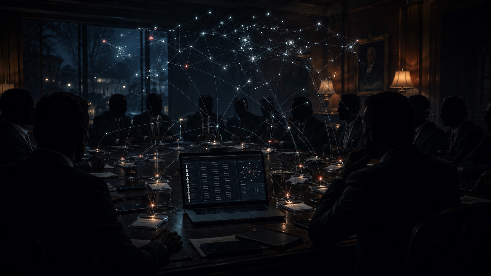 Dunkle Konferenzszene mit anonymen Silhouetten, Laptop und leuchtendem sozialem Graphen als Symbol für ein geleaktes Macht-Netzwerk.
