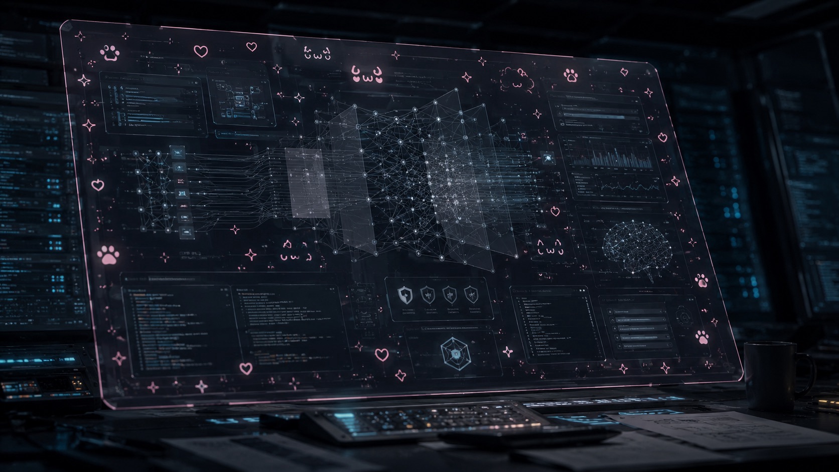 Dunkle technische Agenten-Oberfläche mit rosa uwu-Overlay aus Herzchen, Pfoten und Symbolen; unter der verspielten Schicht bleibt eine klare, strukturierte Systemansicht sichtbar.