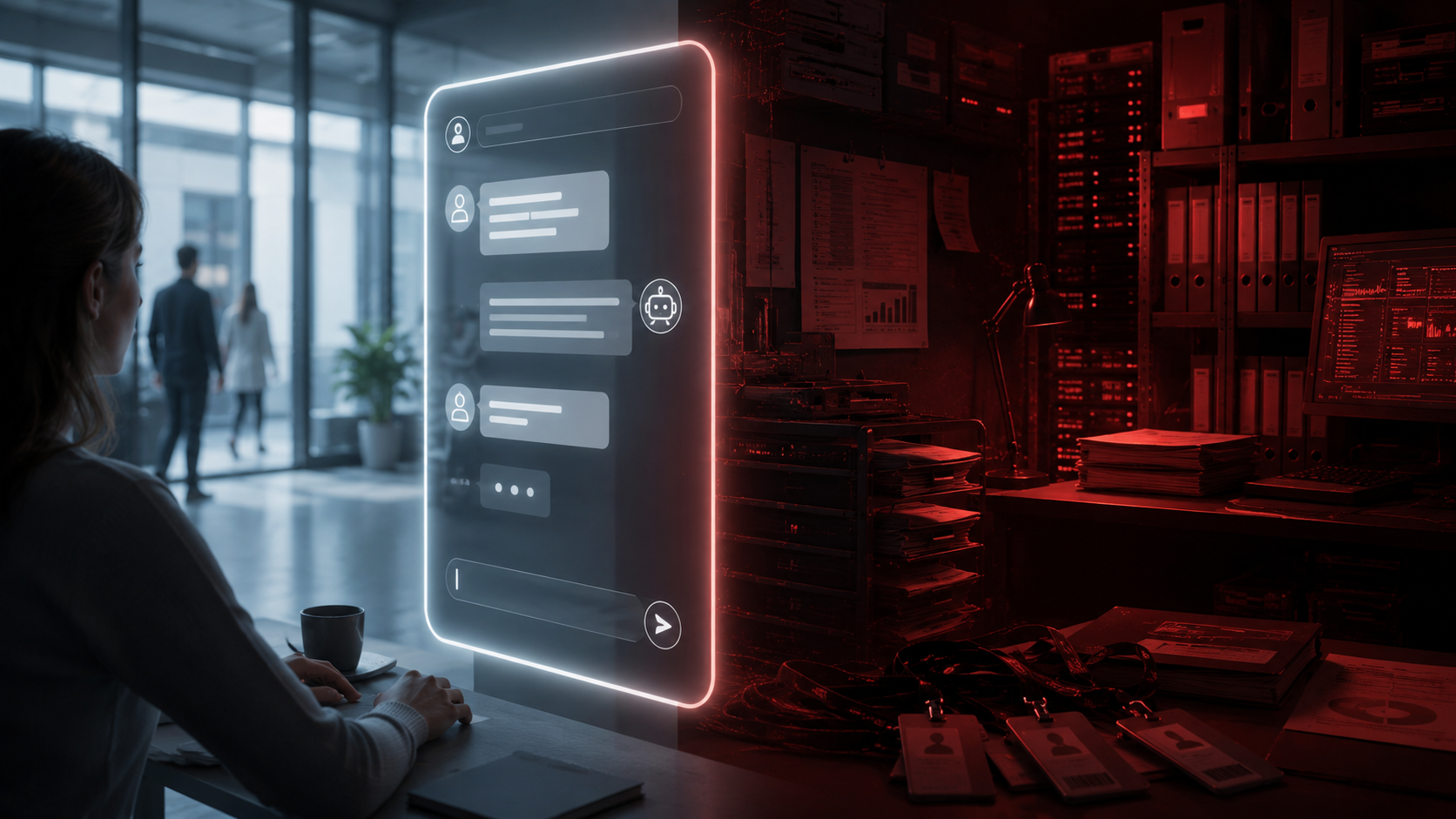 Illustration eines Support-Chatfensters, das als unsichere Brücke zwischen öffentlicher Kundenansicht und internen vertraulichen Systemen dient.