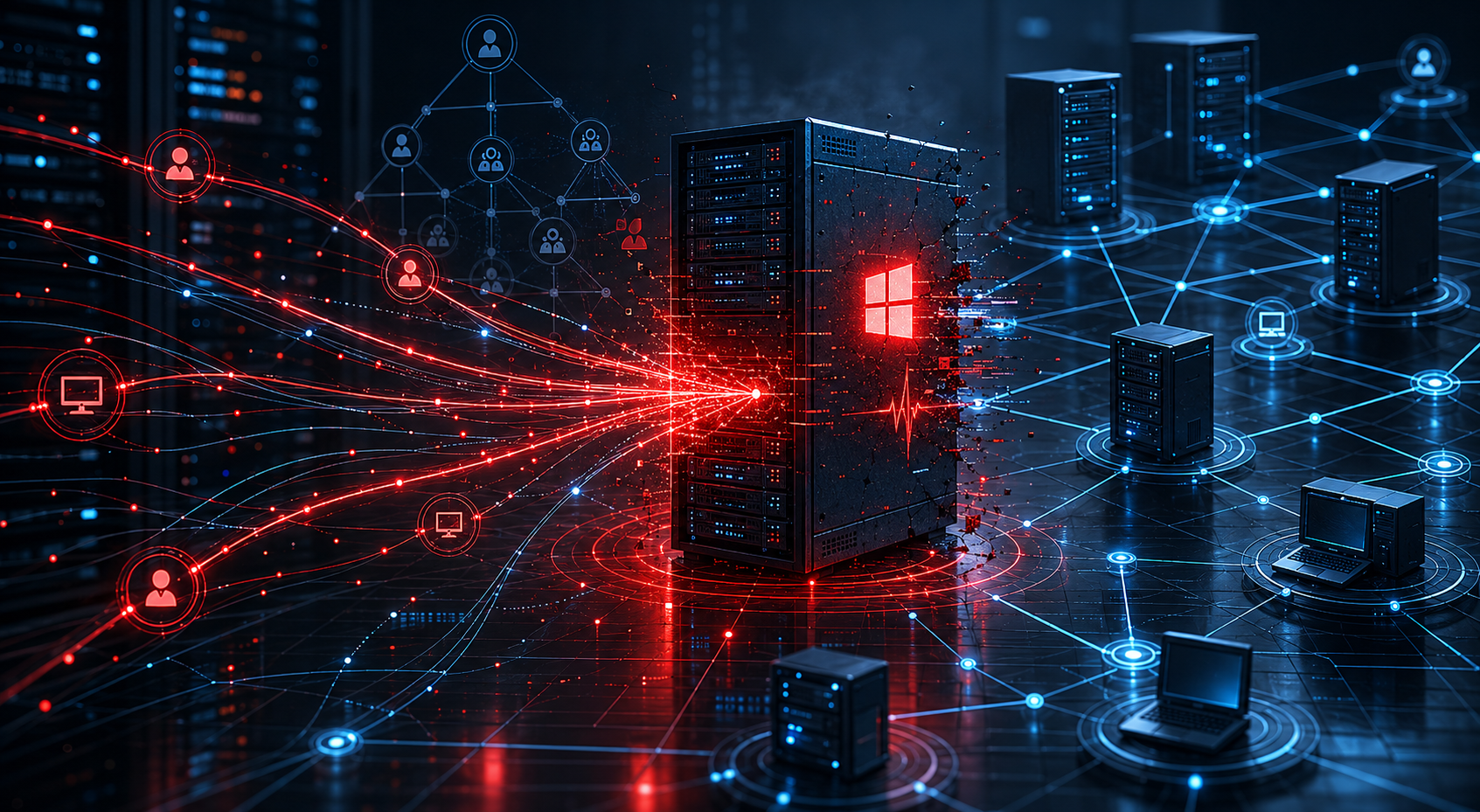 Abstrakte Darstellung eines angegriffenen Domain Controllers in einer Active-Directory-Umgebung mit roten Warnsignalen.