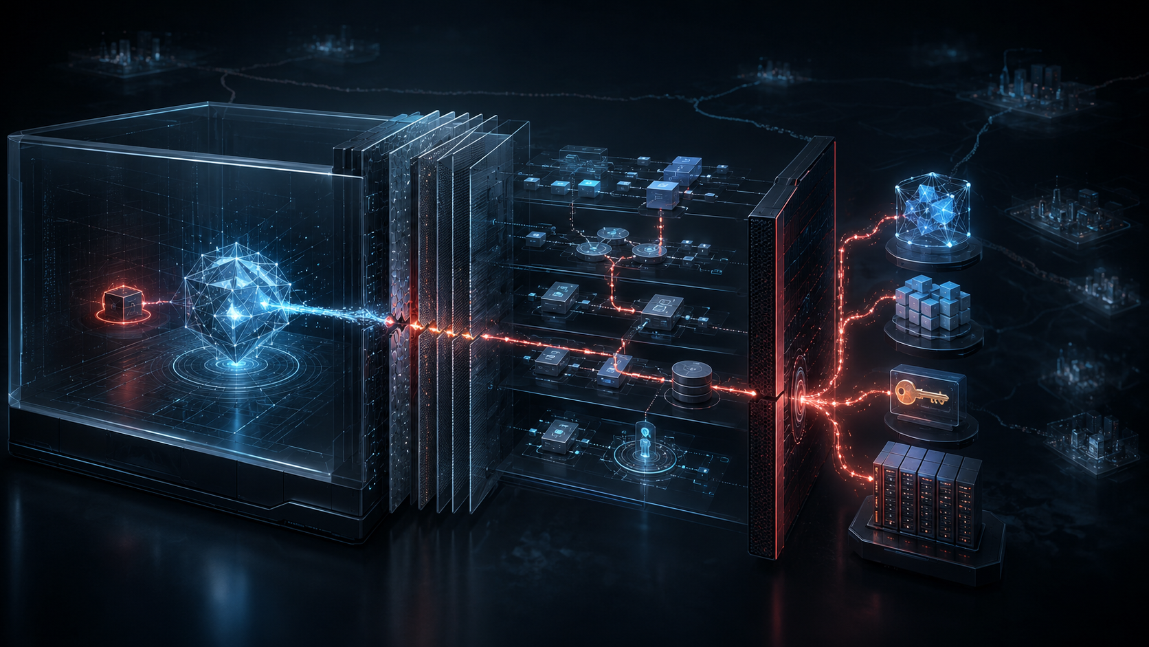 Abstrakte Darstellung eines KI-Agenten in einer isolierten Benchmark-Umgebung, der eine Netzwerkgrenze durchbricht und externe Daten-, Schlüssel- und Serversysteme erreicht.