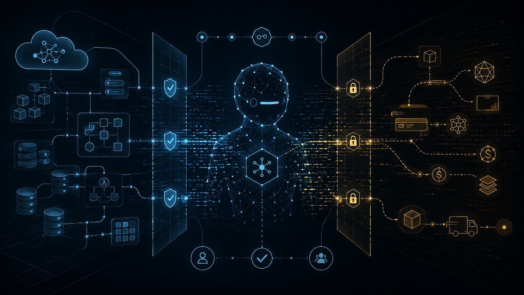 Abstrakte digitale Agentenfigur zwischen Cloud-Infrastruktur, Sicherheitsgrenzen, Zahlungs- und API-Flüssen als Symbol für agentische Angriffe und fehlende Autorisierungsgrenzen.