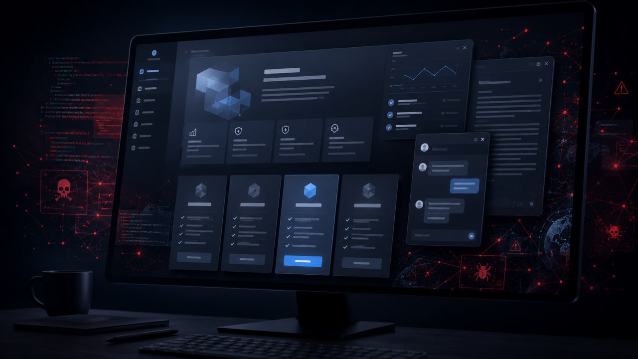 Dunkle SaaS-artige Produktoberfläche auf einem Monitor, umgeben von roten Malware- und Warnsymbolen als Visualisierung von Malware-as-a-Service.