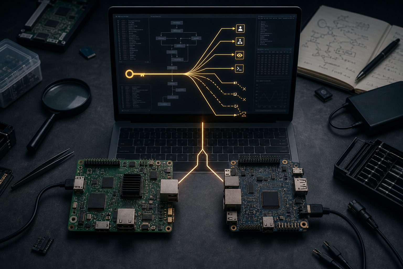 Zwei Embedded-System-Platinen bei der statischen Analyse von Evooo1Bot