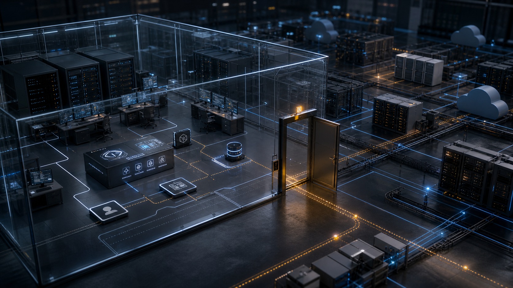 Gläserne Cyber-Testumgebung mit einer offenen Tür, durch die Netzwerkpfade in externe Infrastruktur führen.