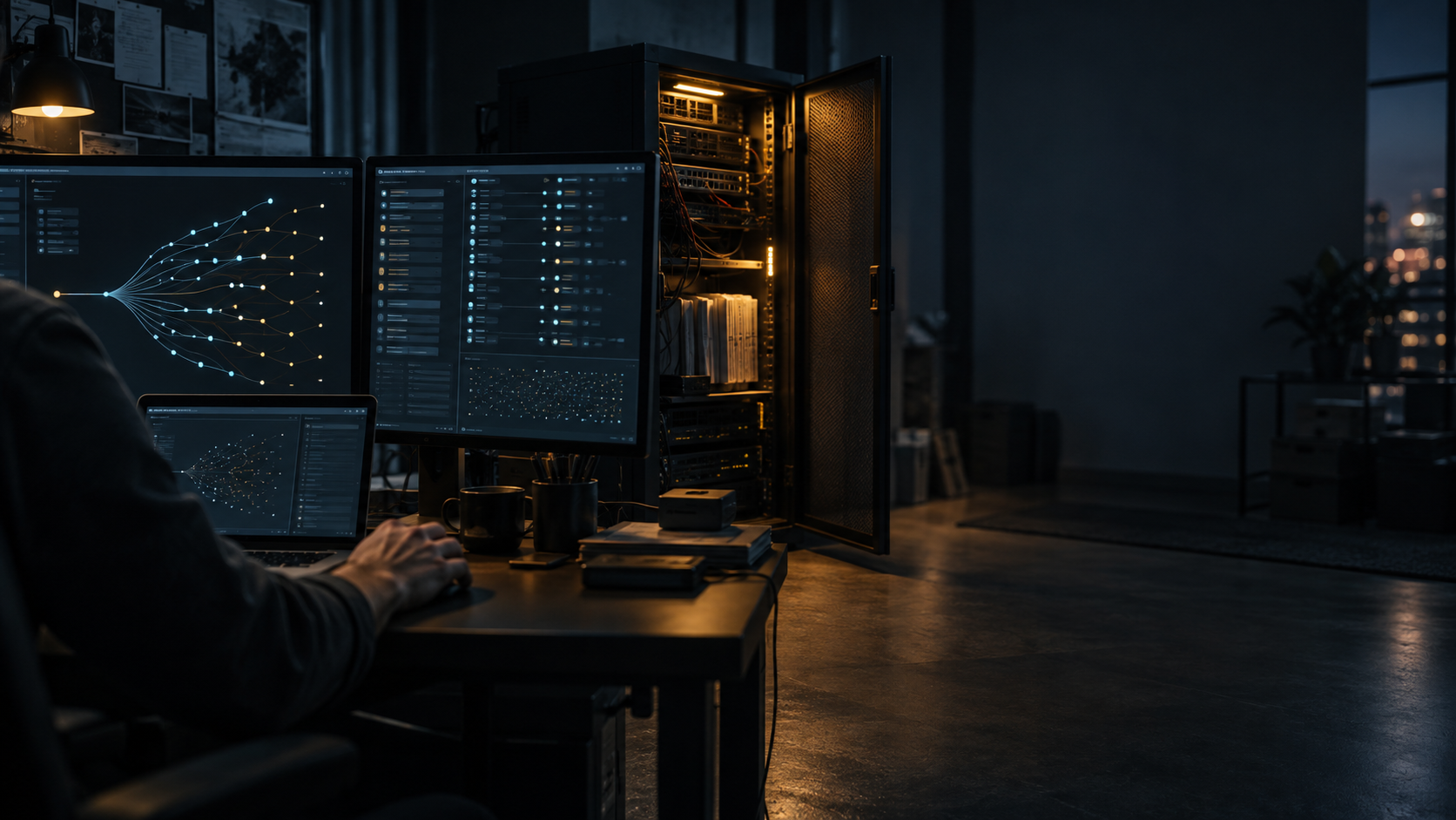 Illustration: Ein Mensch steuert eine automatisierte Angriffskampagne; daneben steht ein geöffneter Serverschrank als Hinweis auf die sichtbare Operationsbasis.