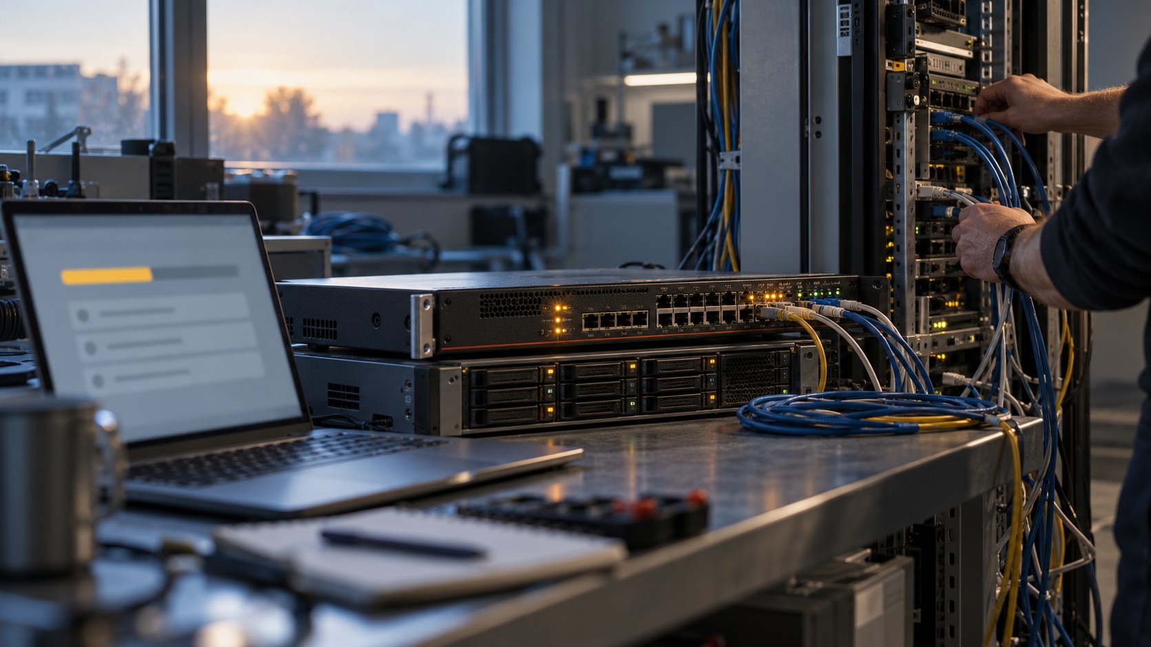 Netzwerk-Appliance und Speicherserver auf einem Arbeitstisch; daneben ein Laptop mit Fortschrittsanzeige und ein Techniker am offenen Rack.