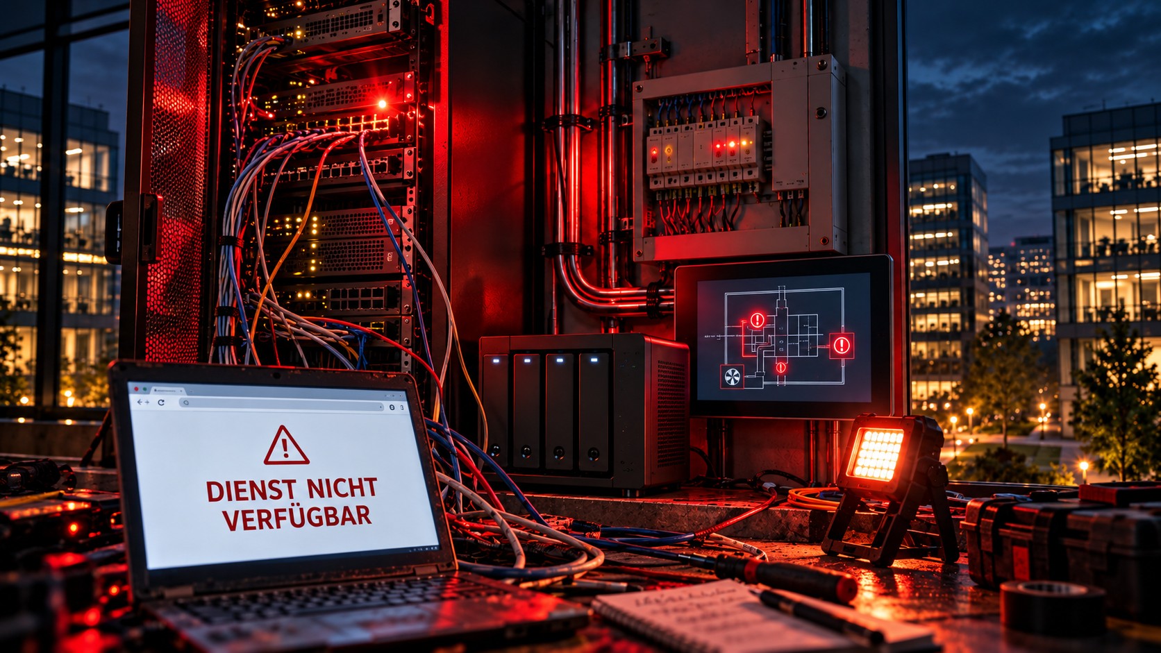 Rot beleuchteter Technikraum mit offenem Serverrack, NAS und Gebäudesteuerung; ein Laptop zeigt „Dienst nicht verfügbar“.