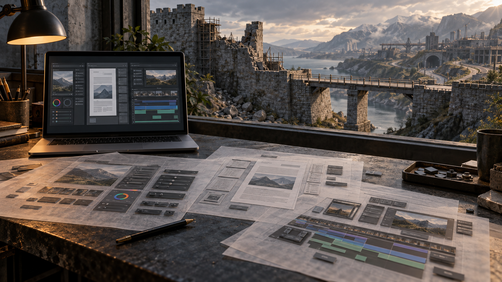 Laptop mit Softwareoberflächen und Entwurfszeichnungen vor einem teilweise zurückgebauten Burgwall mit Brücke